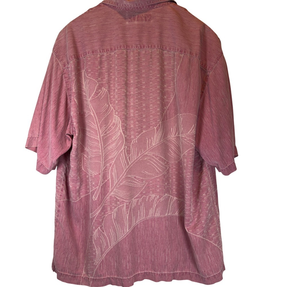 Tommy Bahama Silk Camp Shirt Men's Large Salmon Pink Tropical Leaf Short Sleeve - Picture 3 of 8